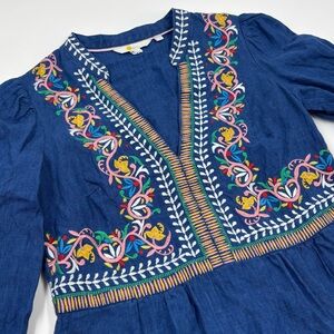 Boden Women's 6 Blue Linen Embroidered V-Neck Knee‎ Length Long Sleeve Dress